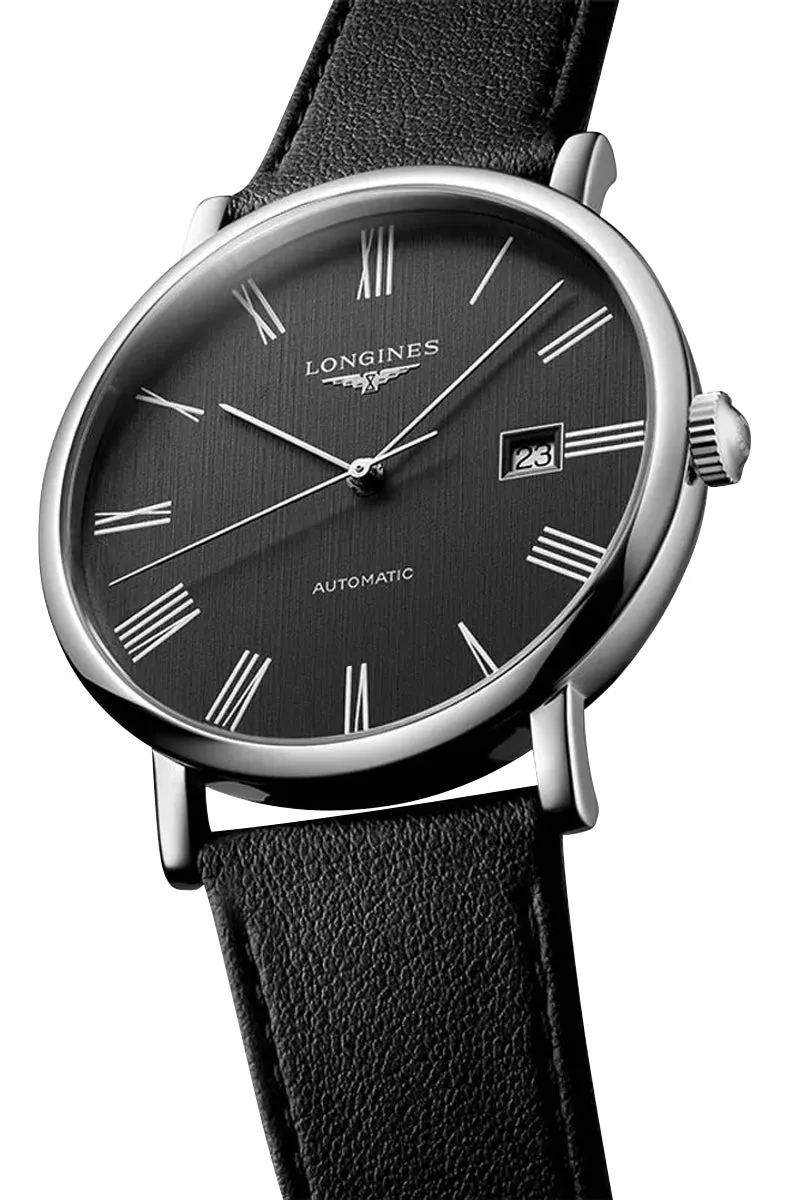 Longines Elegant Automatic Stainless Steel Dark Gray Dial Black Leather Strap Date Mens Watch L4.911.4.71.2