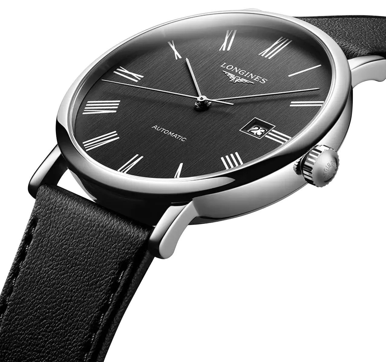 Longines Elegant Automatic Stainless Steel Dark Gray Dial Black Leather Strap Date Mens Watch L4.911.4.71.2