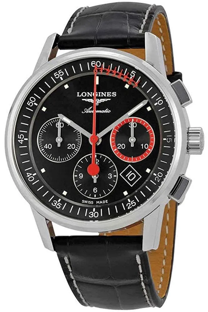 Longines Heritage Column-Wheel Chronograph Automatic Stainless Steel Black Leather Strap Black Dial Date Mens Watch L4.754.4.52.3