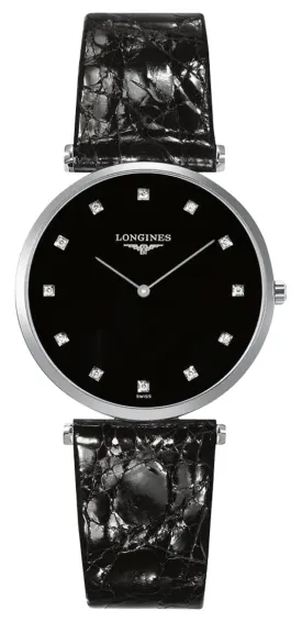 Longines La Grande Classique Stainless Steel Black Dial Black Leather Strap Diamonds Quartz Womens Watch L4.709.4.55.2