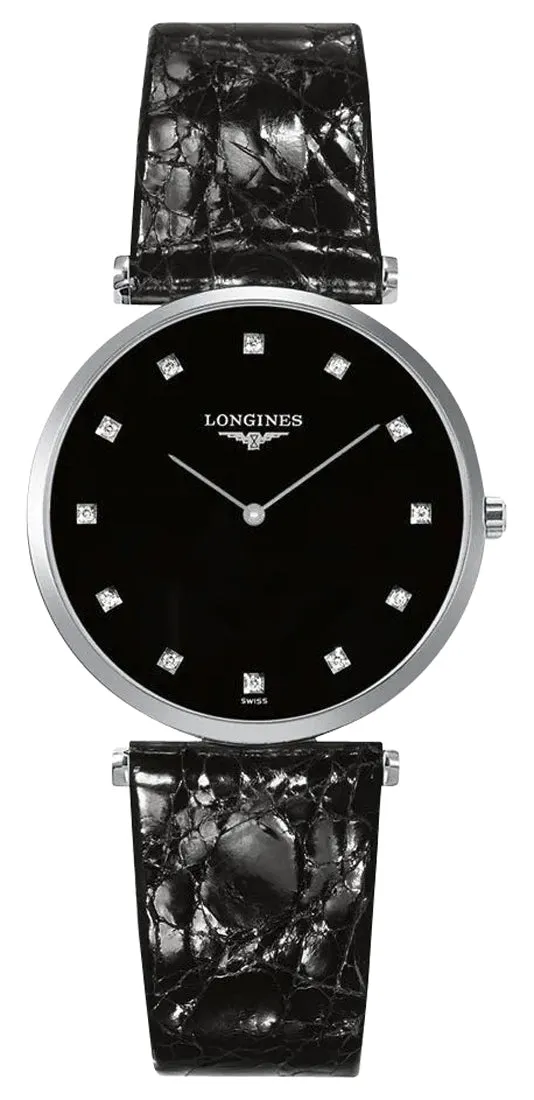 Longines La Grande Classique Stainless Steel Black Dial Black Leather Strap Diamonds Quartz Womens Watch L4.709.4.55.2