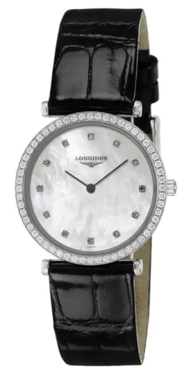 Longines La Grande Classique Stainless Steel Mother-Of-Pearl Dial Black Leather Strap Diamonds Quartz Womens Watch L4.513.0.87.2