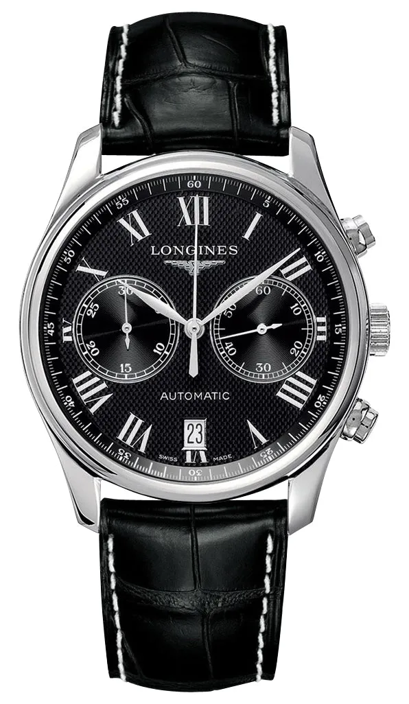 Longines Master Collection Automatic Chronograph Stainless Steel Black Dial Black Leather Strap Date Mens Watch L2.629.4.51.7