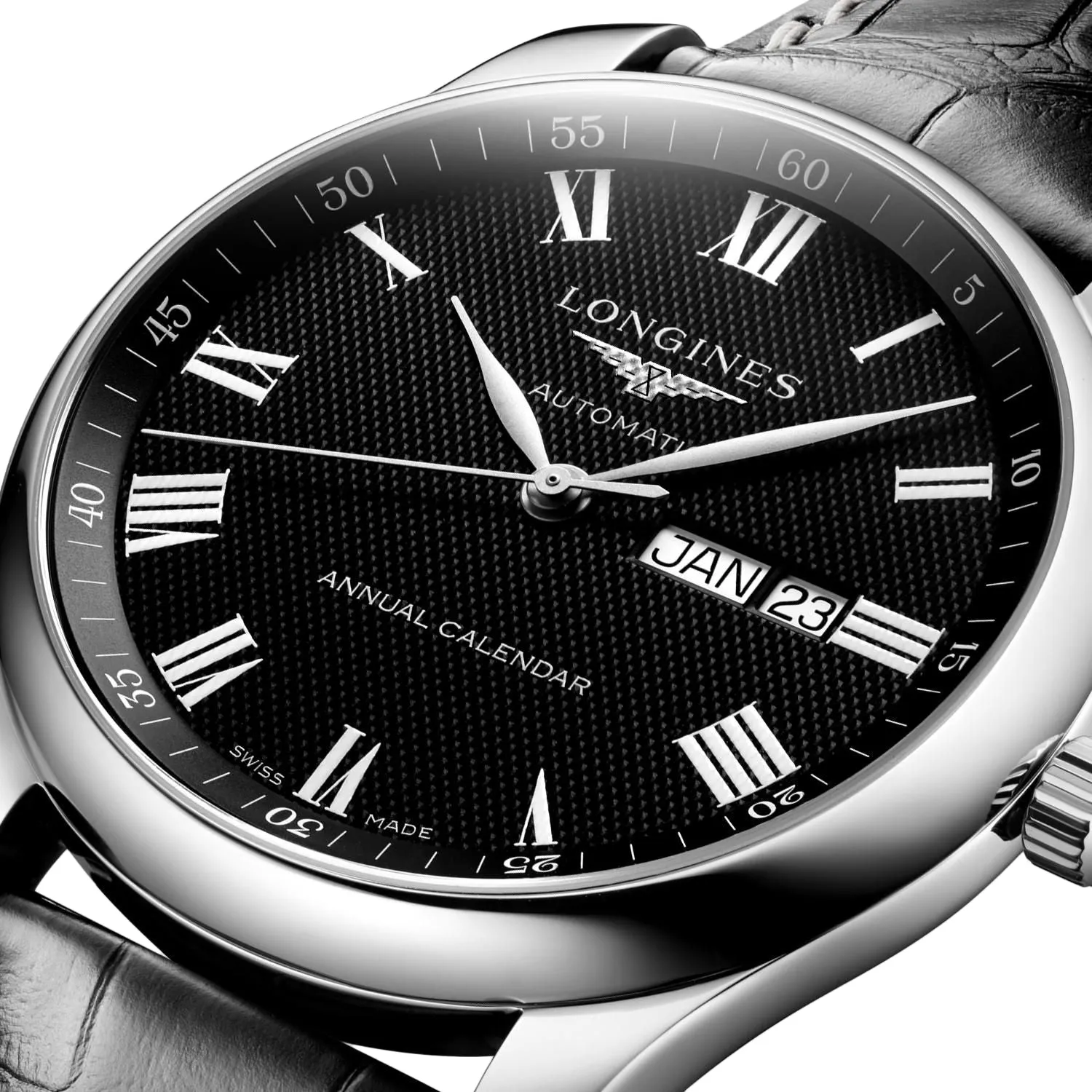 Longines Master Collection Automatic Stainless Steel Black Dial Black Leather Strap Date/Month Mens Watch L2.920.4.51.7