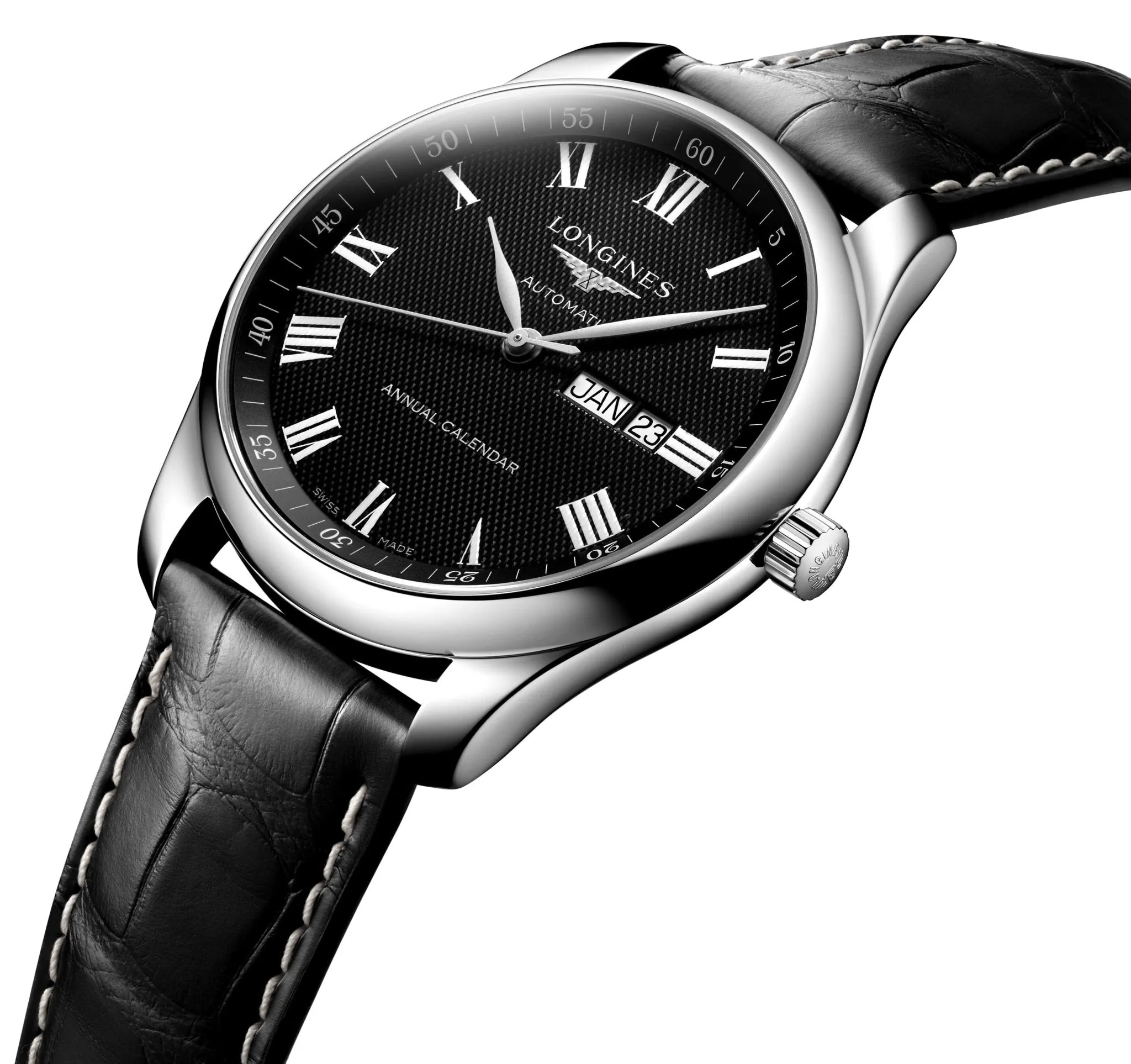 Longines Master Collection Automatic Stainless Steel Black Dial Black Leather Strap Date/Month Mens Watch L2.920.4.51.7