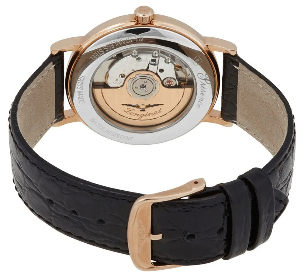 Longines Presence Automatic Rose Gold PVD White Dial Black Leather Strap Date Mens Watch L4.921.1.11.2