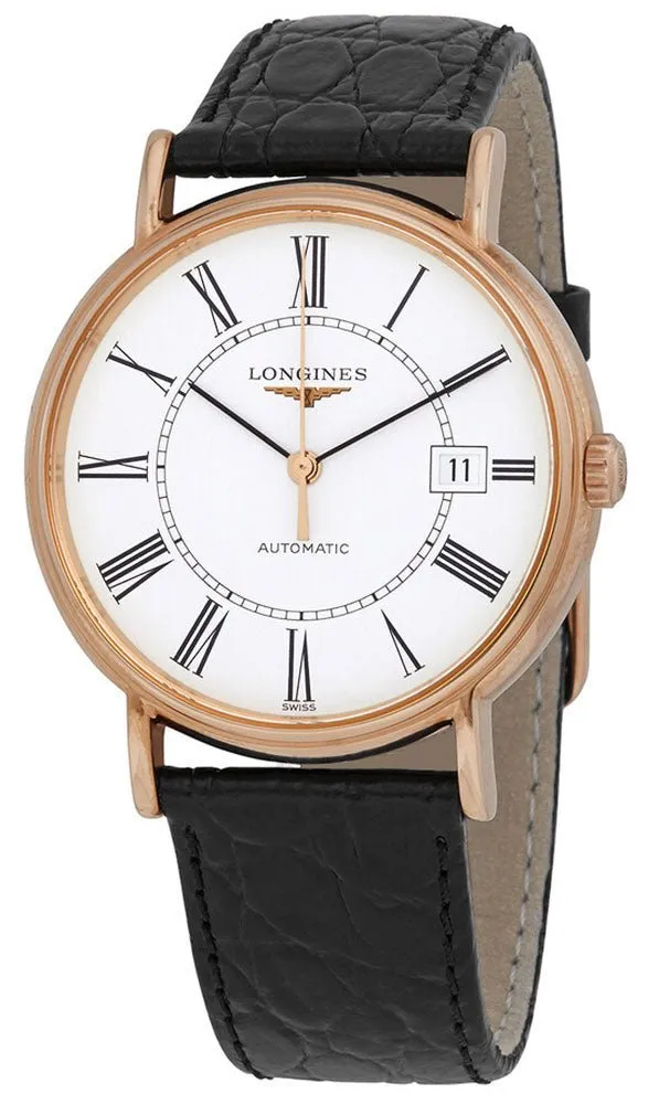 Longines Presence Automatic Rose Gold PVD White Dial Black Leather Strap Date Mens Watch L4.921.1.11.2