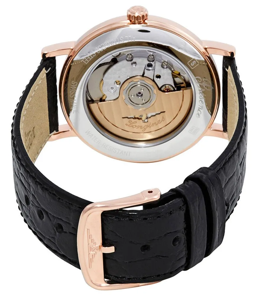 Longines Presence Automatic Rose Gold PVD White Dial Black Leather Strap Date Mens Watch L4.921.1.12.2