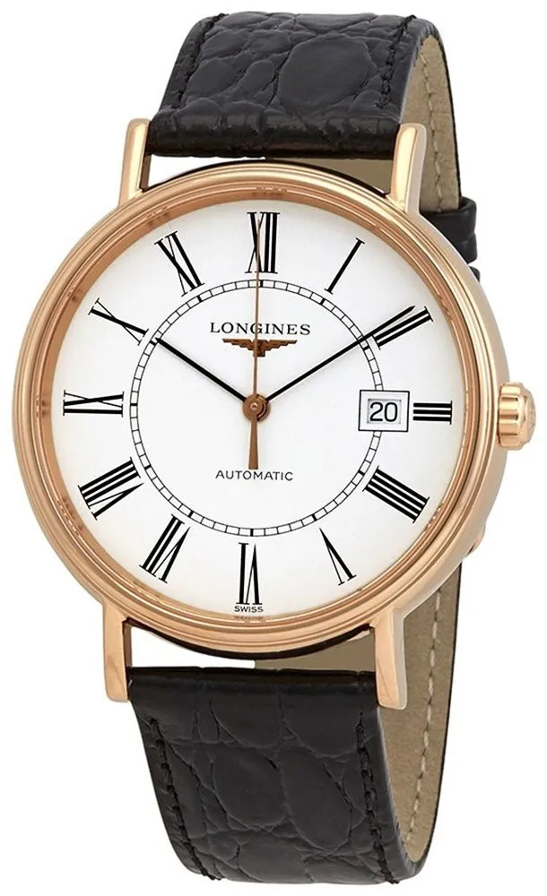 Longines Presence Automatic Rose Gold PVD White Dial Black Leather Strap Date Mens Watch L4.922.1.11.2