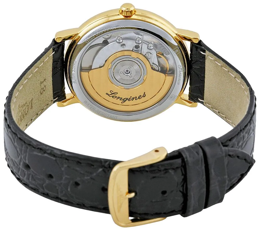 Longines Presence Automatic Yellow Gold PVD White Dial Black Leather Strap Date Mens Watch L4.821.2.11.2