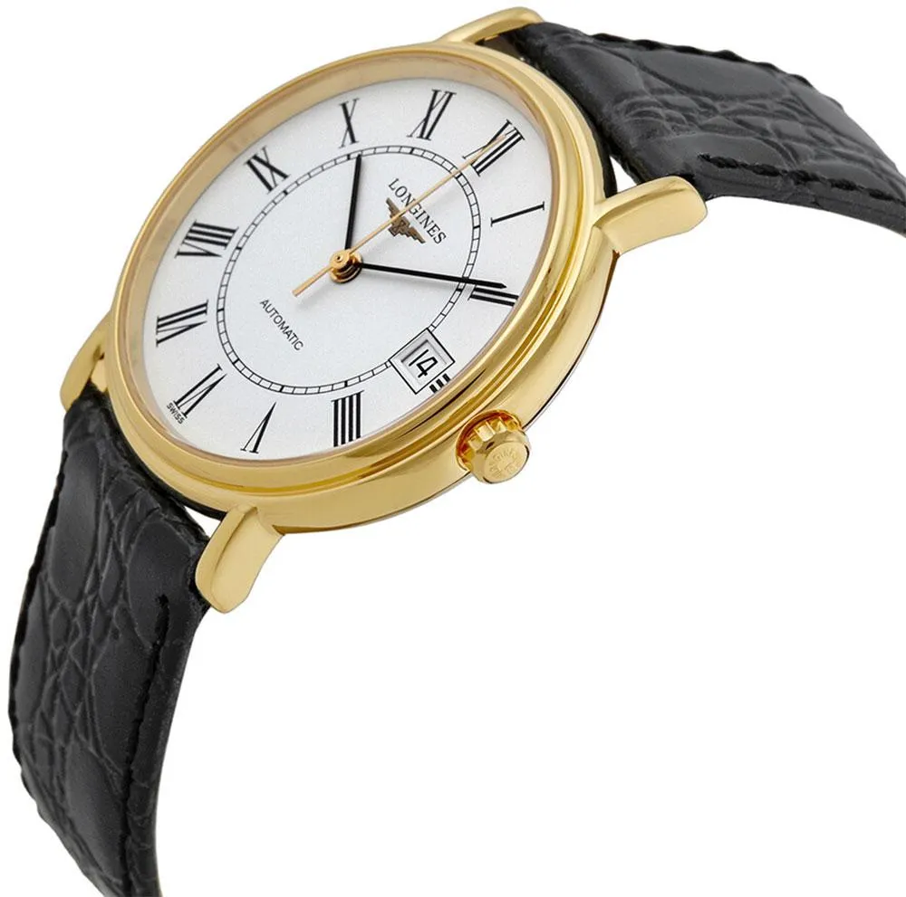 Longines Presence Automatic Yellow Gold PVD White Dial Black Leather Strap Date Mens Watch L4.821.2.11.2