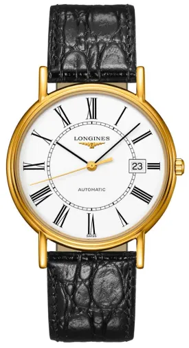 Longines Presence Automatic Yellow Gold PVD White Dial Black Leather Strap Date Mens Watch L4.921.2.11.2