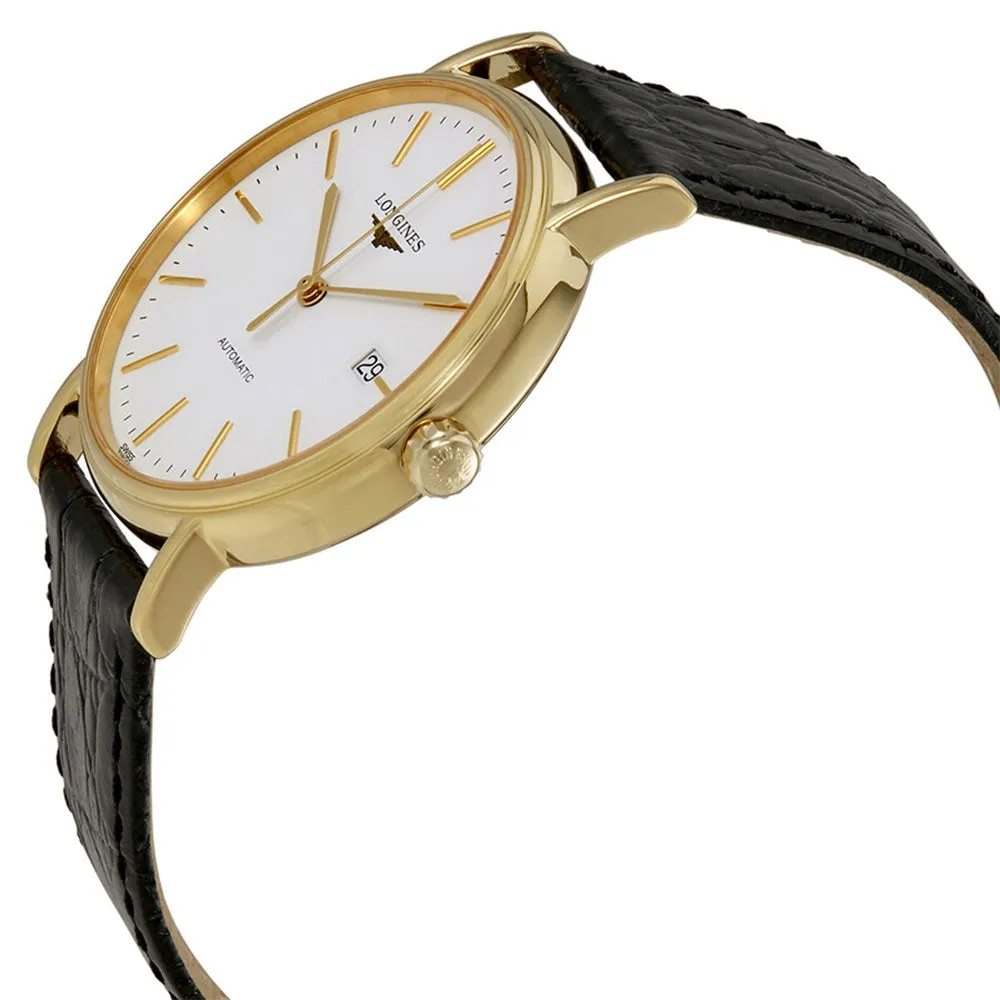 Longines Presence Automatic Yellow Gold PVD White Dial Black Leather Strap Date Mens Watch L4.921.2.12.2