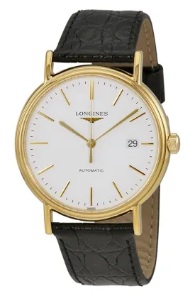 Longines Presence Automatic Yellow Gold PVD White Dial Black Leather Strap Date Mens Watch L4.921.2.12.2