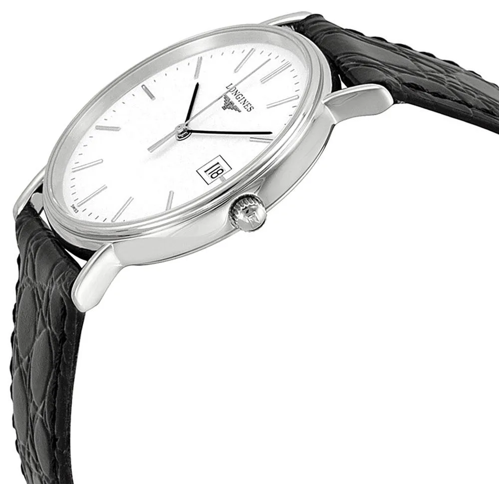 Longines Presence Stainless Steel White Dial Black Leather Strap Date Quartz Unisex Watch L4.720.4.12.2