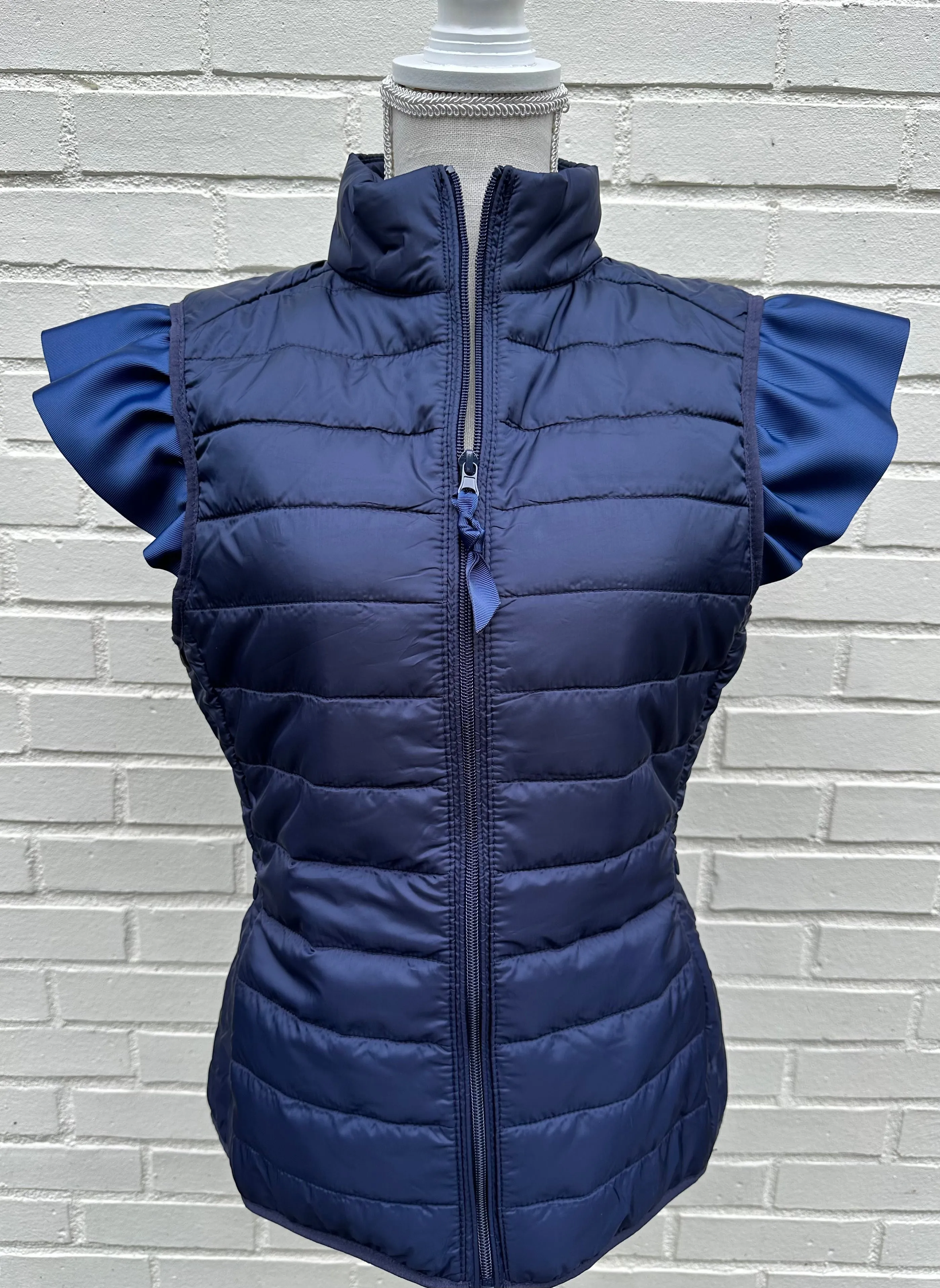 Maggie May Ruffled Shoulder Puffer Vest Navy w Navy (PFR02)