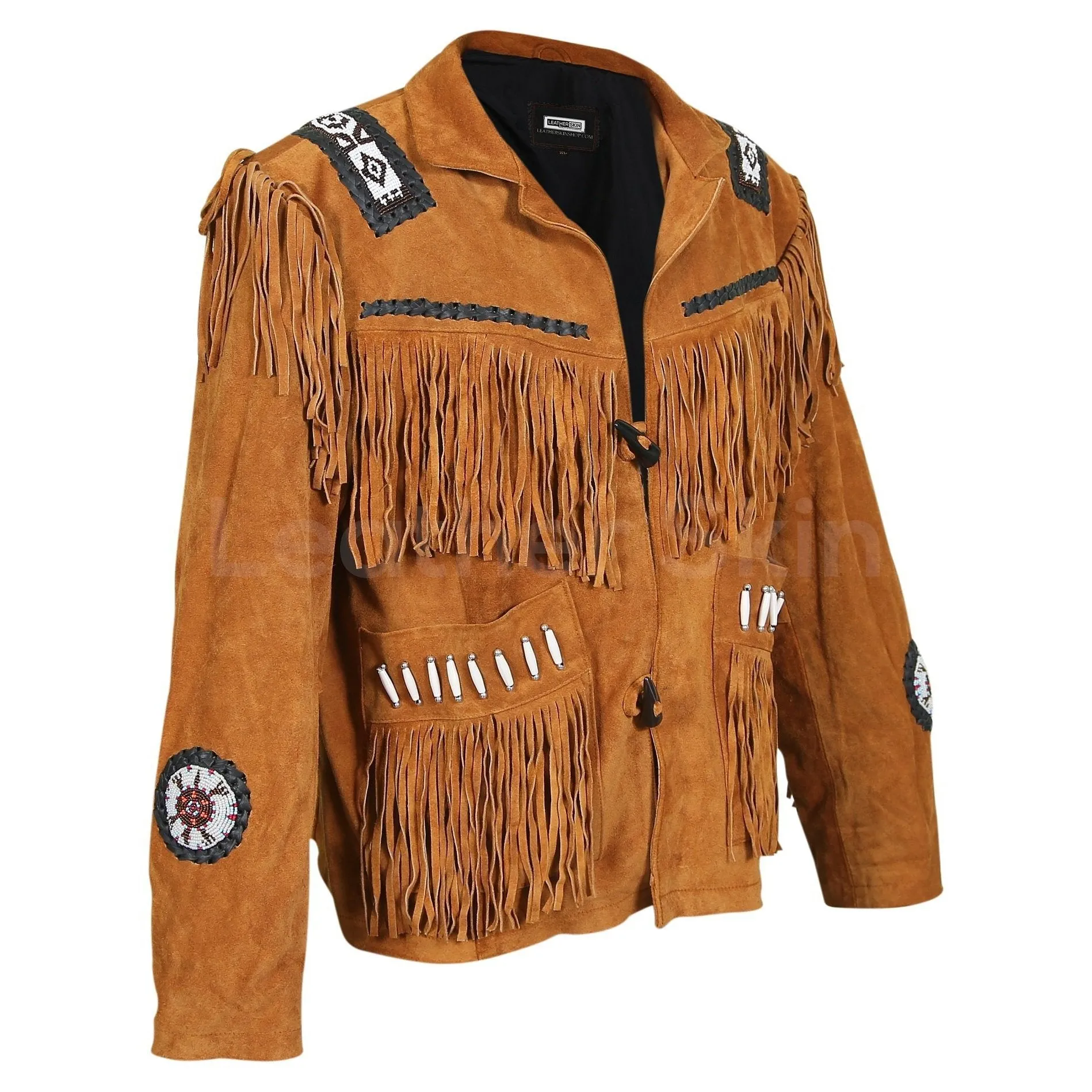 Men Brown Western Fringes with white beads decoration