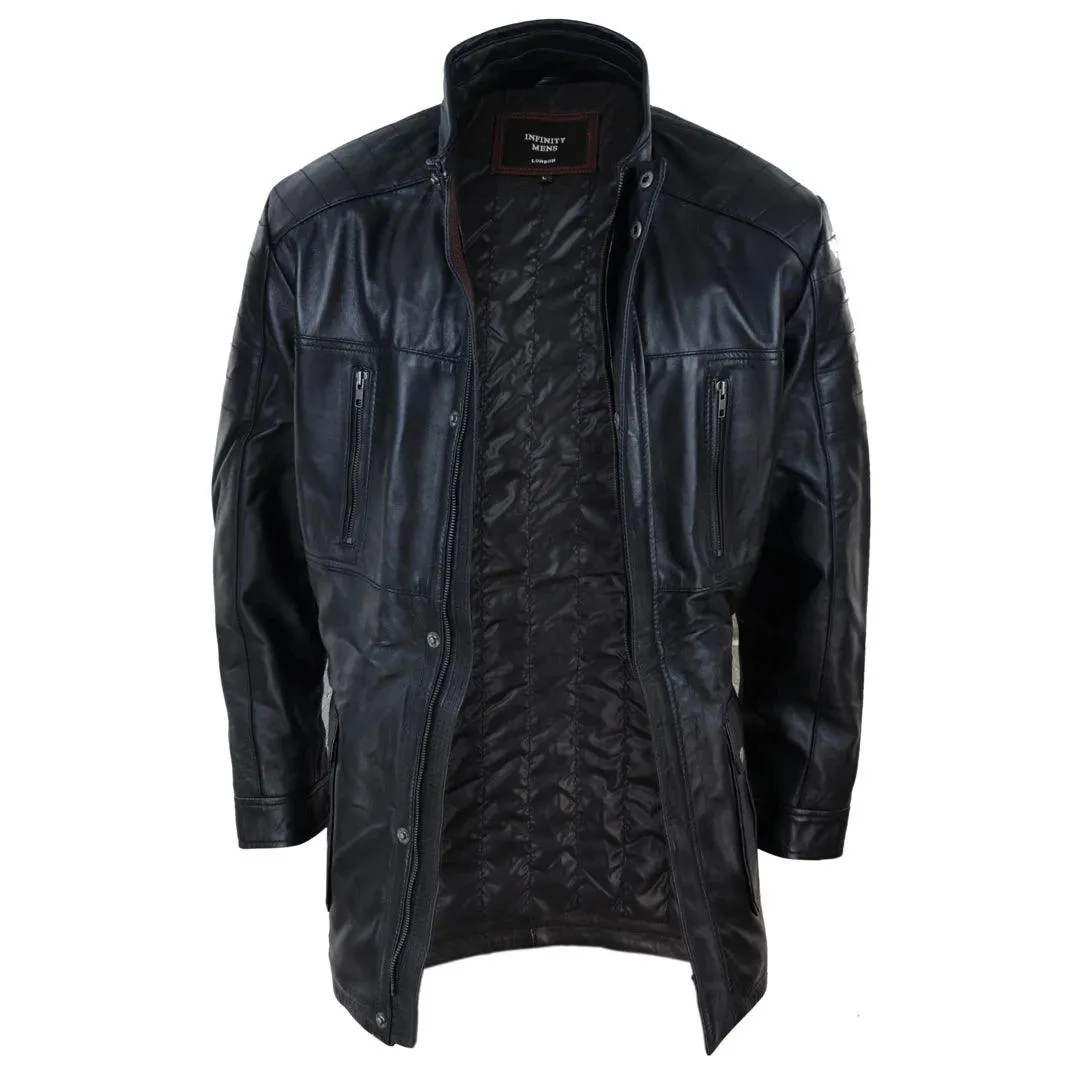 Mens 3/4 Real Leather Jacket Safari Black Brown Zipped Winter Shooting