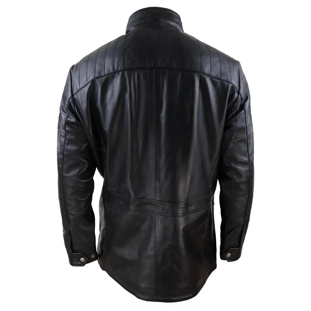 Mens 3/4 Real Leather Jacket Safari Black Brown Zipped Winter Shooting