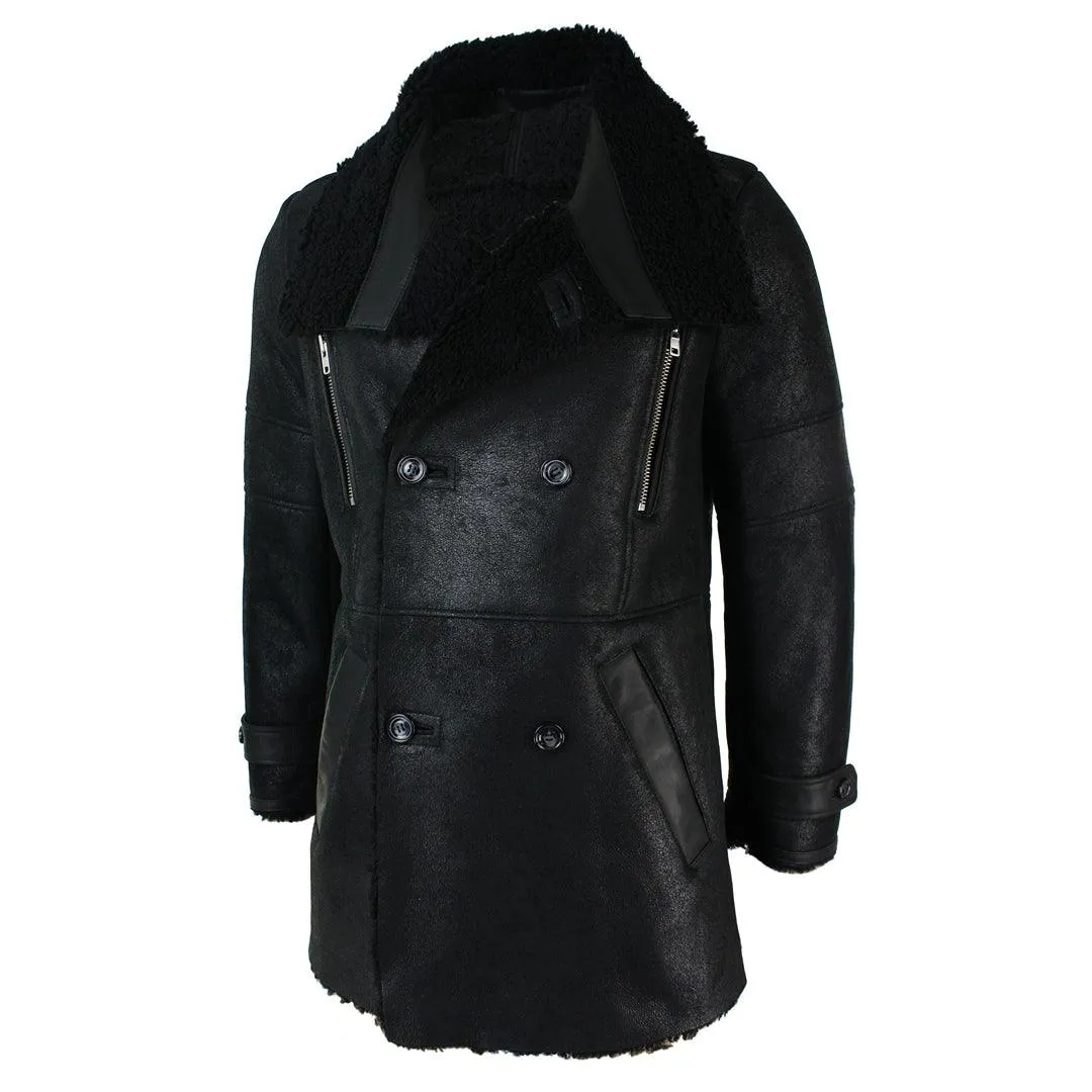 Mens Black 3/4 Military Real Sherling Sheepskin Batman Bane Double Breasted