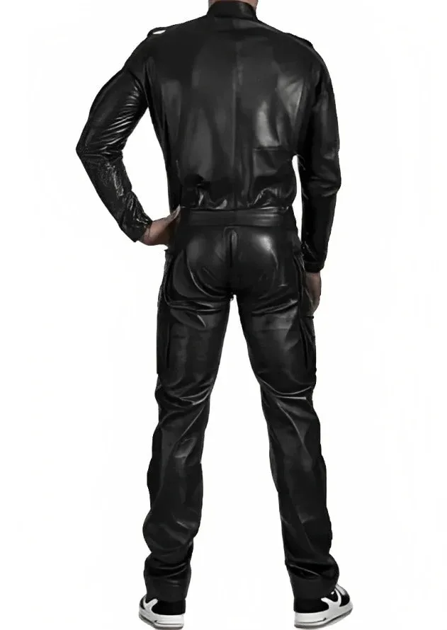 Men's Black Leather Jumpsuit with Straps