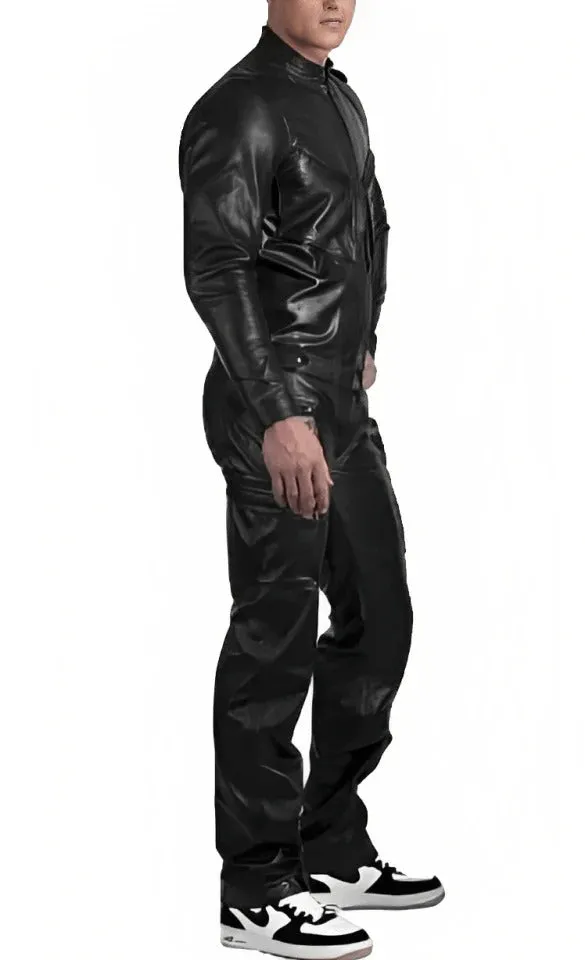 Men's Black Leather Jumpsuit with Straps