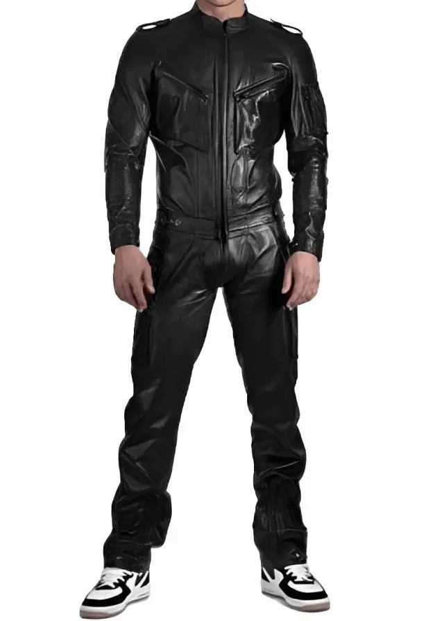 Men's Black Leather Jumpsuit with Straps