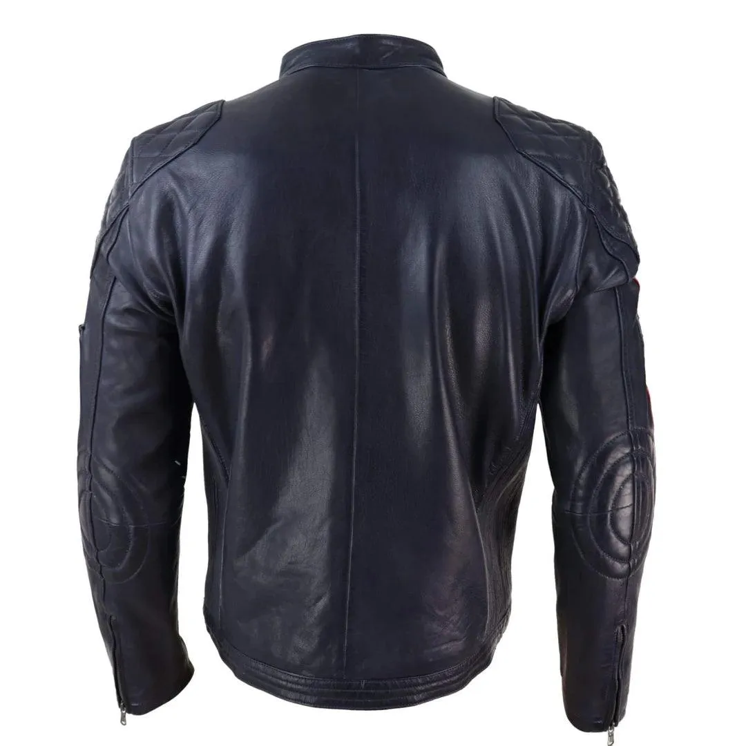 Mens Black Navy Brown Real Leather Racing Jacket Stripe Sleeves Moto Biker