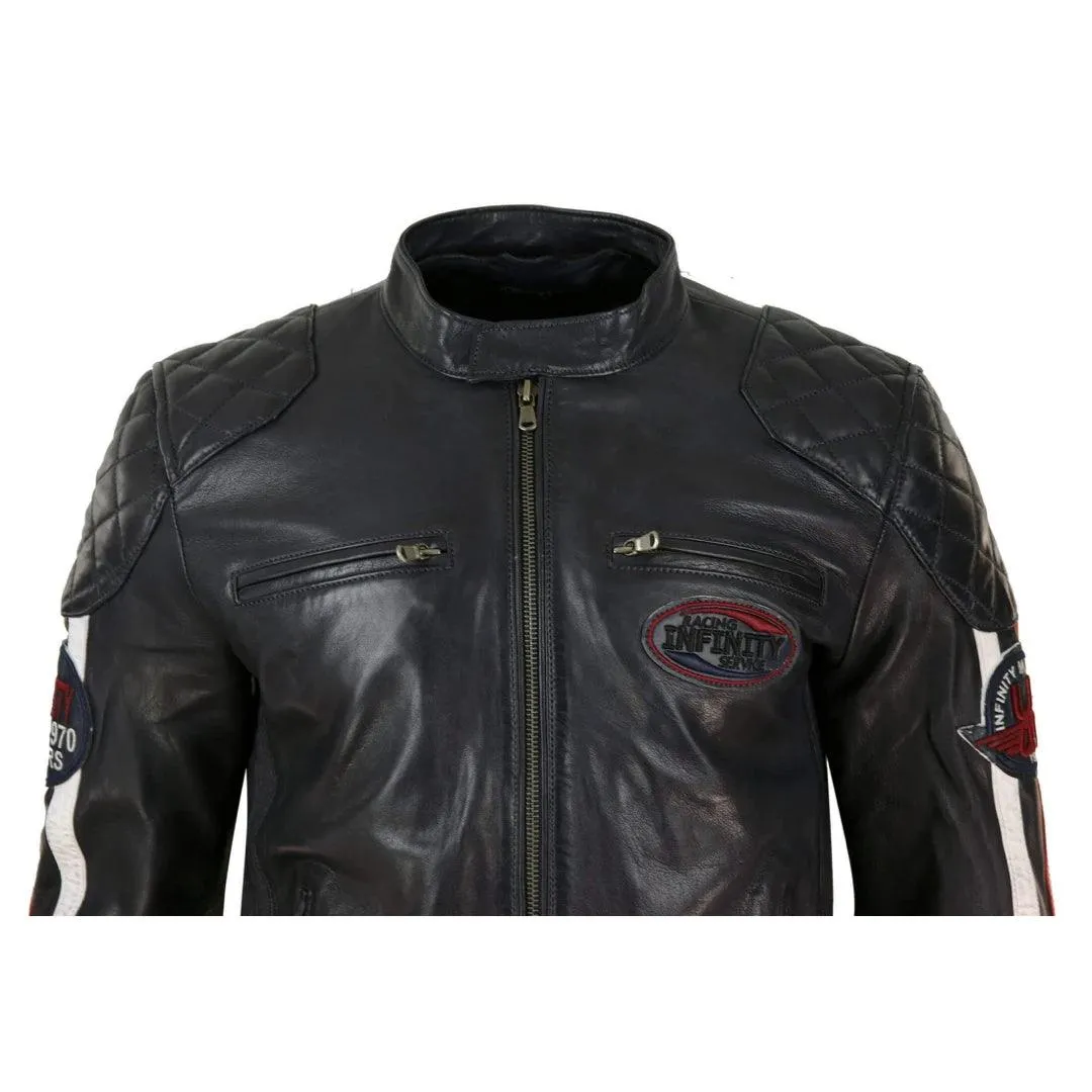 Mens Black Navy Brown Real Leather Racing Jacket Stripe Sleeves Moto Biker