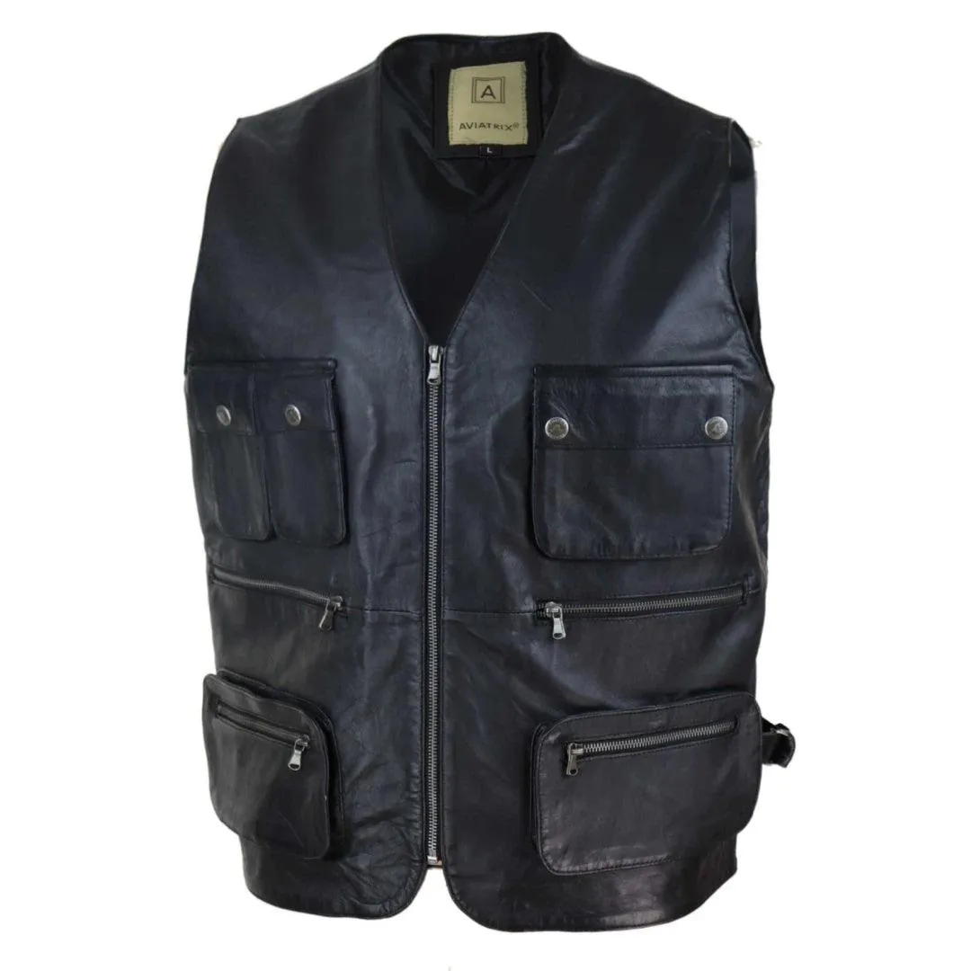 Mens Black Real Leather Fisherman Waistcoat Multi Pocket Combat Fishing Hunting