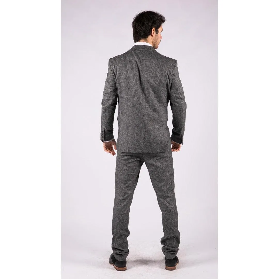 Mens Classic 3 Piece Suit Prince Of Wales Check Grey Tailored Fit Vintage Wedding