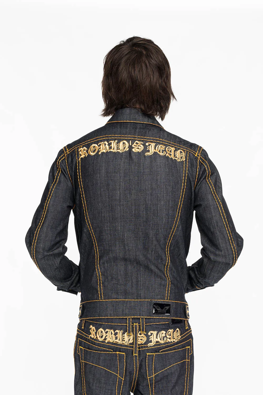 MENS DENIM JACKET IN RAW DENIM WITH HEAVY ORANGE STITCHING AND EMBROIDERED O.E. SCRIPT