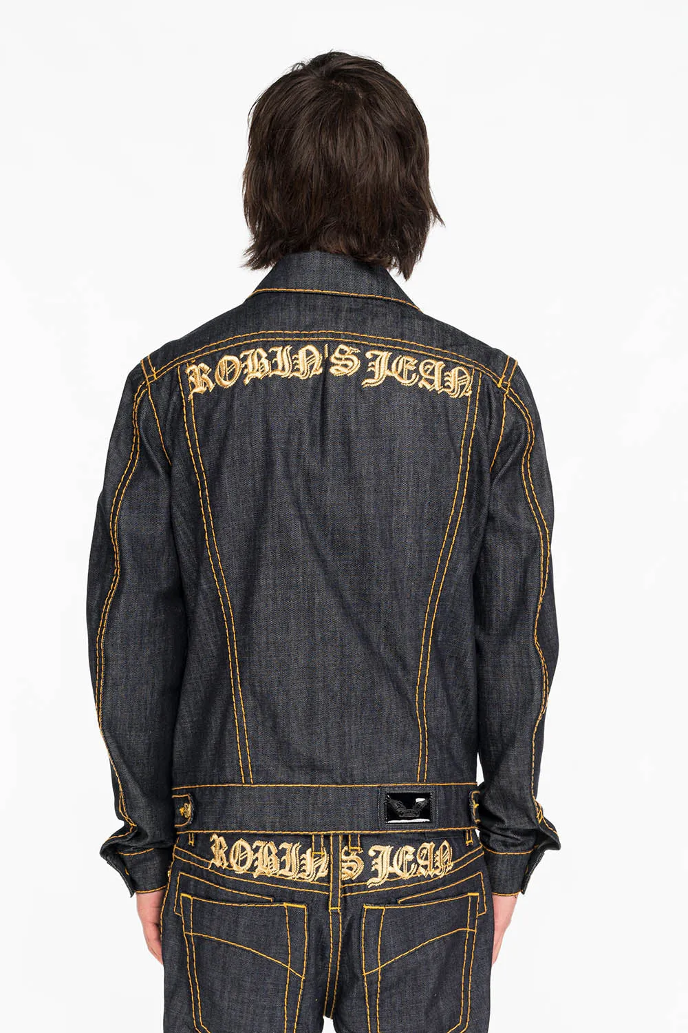 MENS DENIM JACKET IN RAW DENIM WITH HEAVY ORANGE STITCHING AND EMBROIDERED O.E. SCRIPT