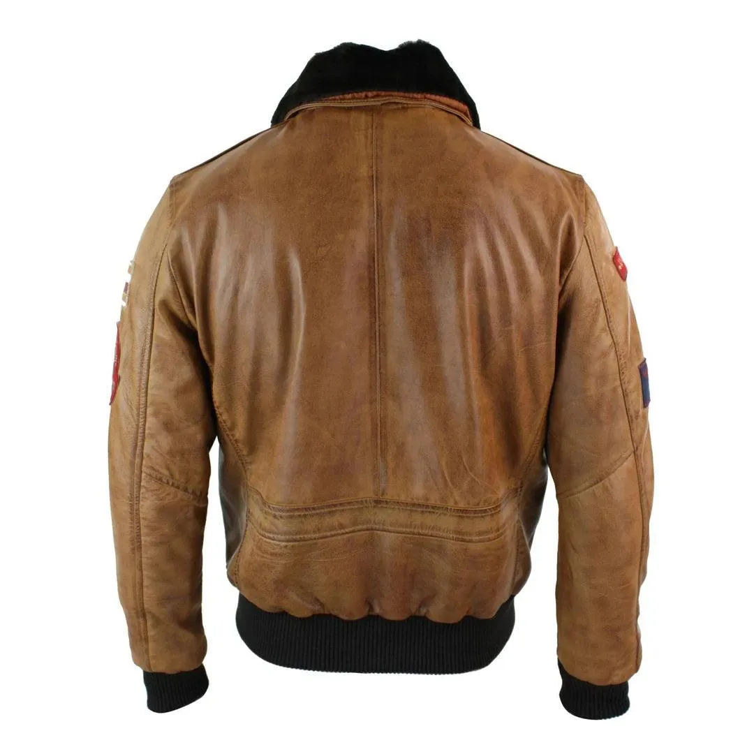 Mens Genuine Leather Air Force Pilot Bomber Jacket Tan Brown Badge Vintage Retro