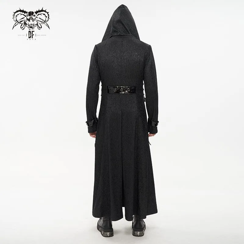 Men's Gothic Faux Leahter Splice Long Coat with Hood