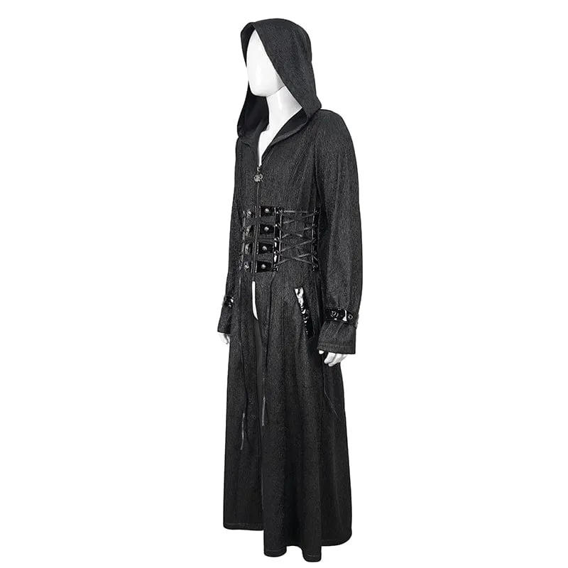 Men's Gothic Faux Leahter Splice Long Coat with Hood