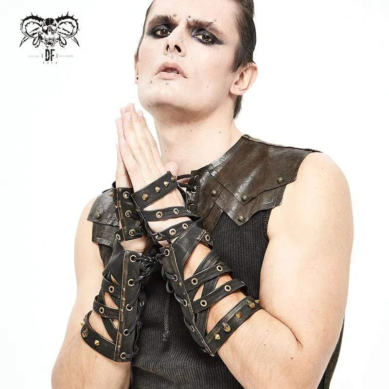 Men's Gothic Skull Lace-Up Rivets Faux Leather Long Gloves