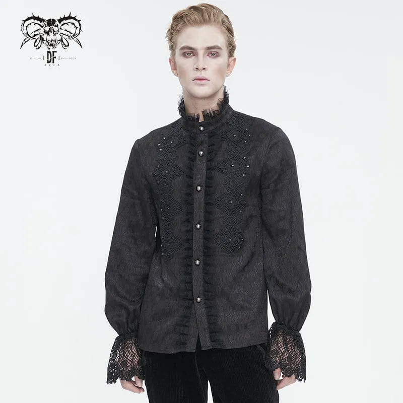 Men's Gothic Stand Collar Puff Sleeved Lace Splice Shirt