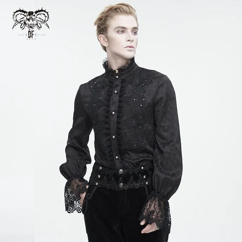 Men's Gothic Stand Collar Puff Sleeved Lace Splice Shirt