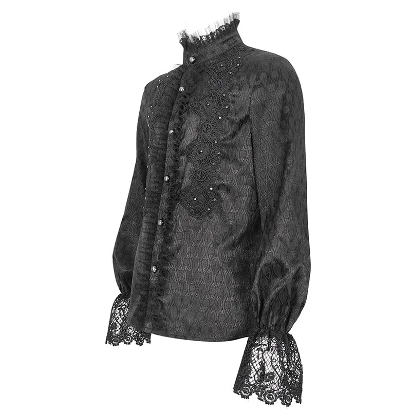 Men's Gothic Stand Collar Puff Sleeved Lace Splice Shirt