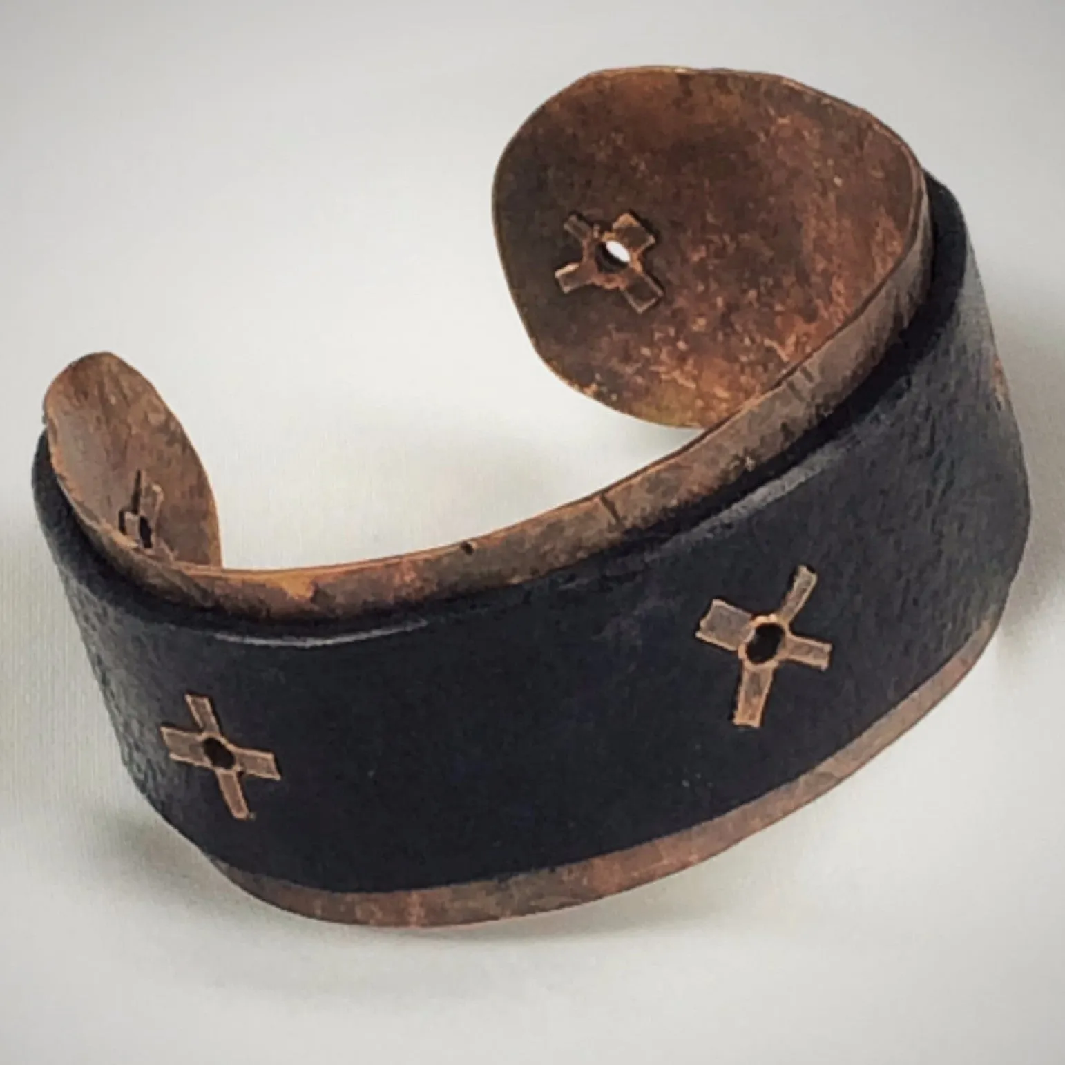 Mens Hand Forged Copper and Distressed Leather Cuff with Rivets