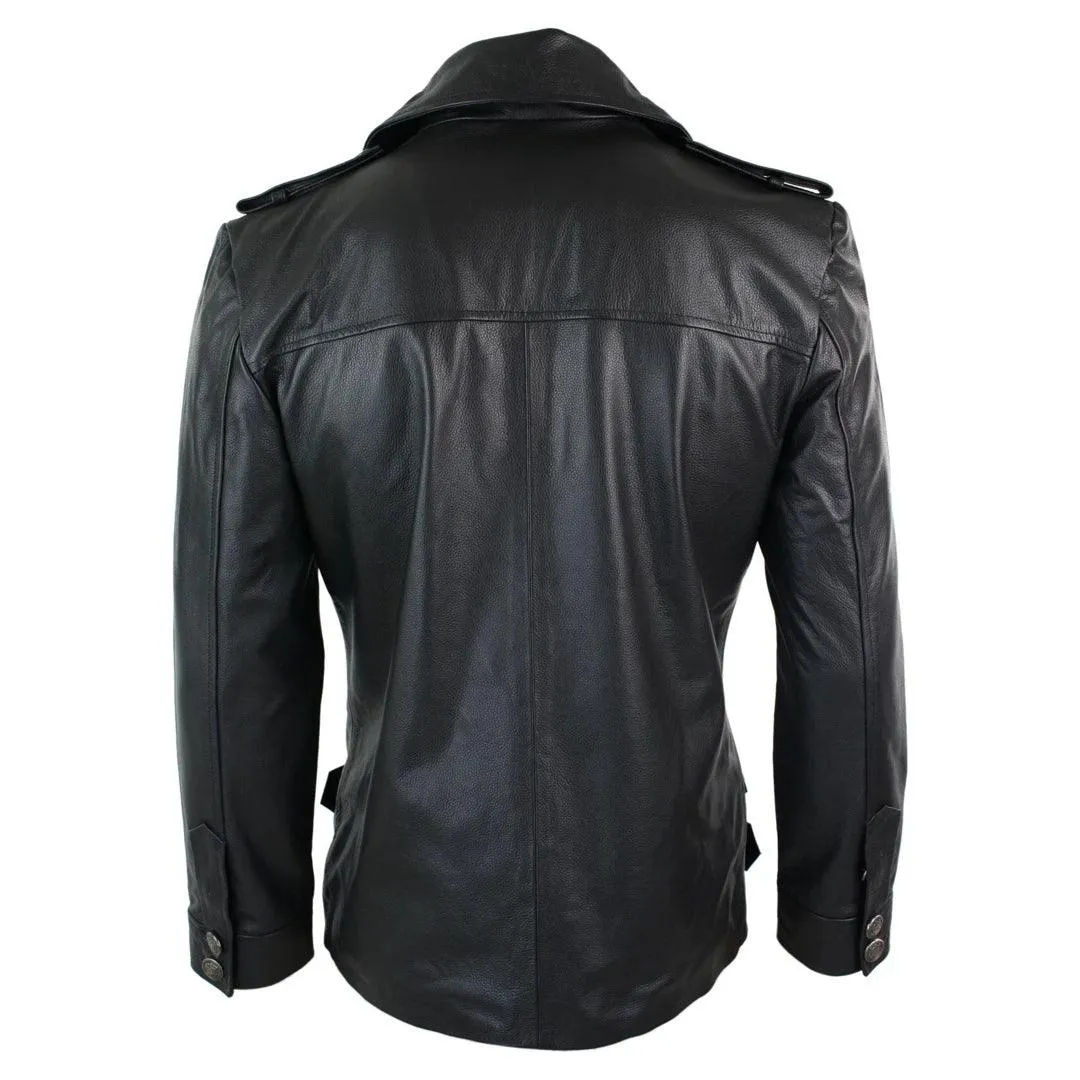 Mens Mid Length German Sailors Marine Goth Punk Double Breasted Real Leather Jacket