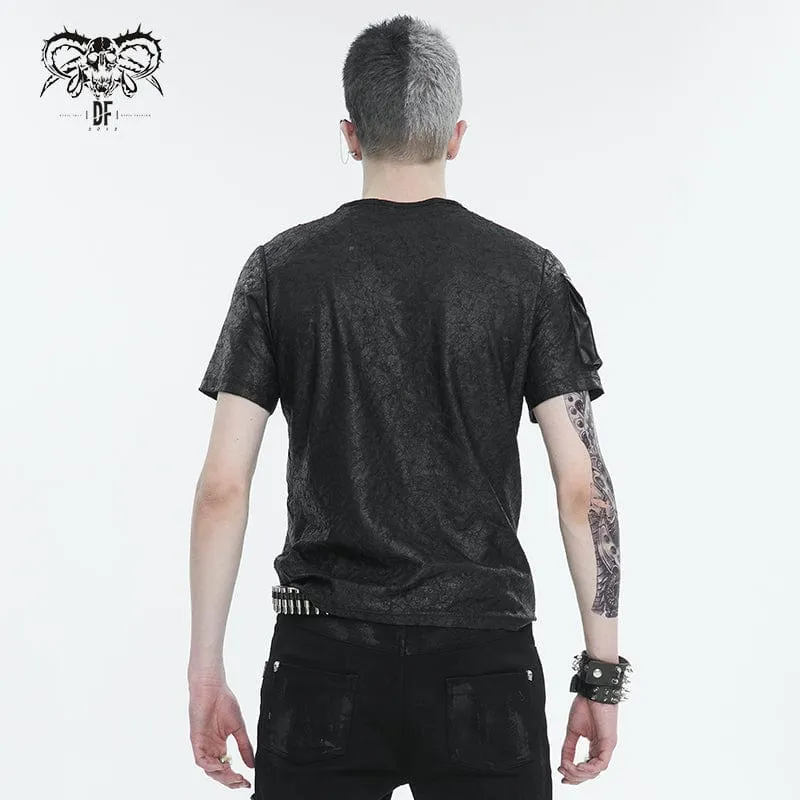 Men's Punk Buckle Splice Faux Leather T-shirt