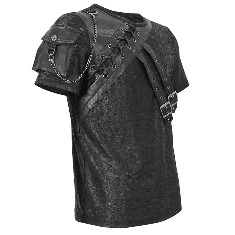 Men's Punk Buckle Splice Faux Leather T-shirt