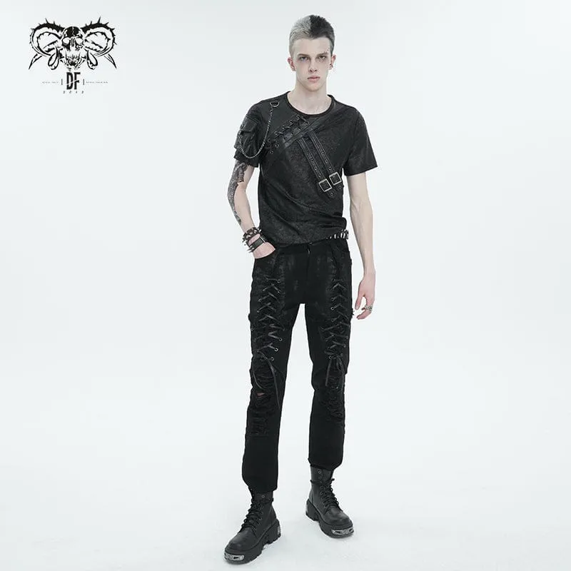 Men's Punk Buckle Splice Faux Leather T-shirt