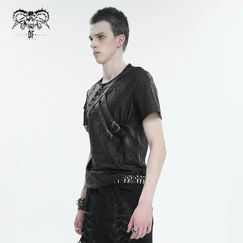 Men's Punk Buckle Splice Faux Leather T-shirt