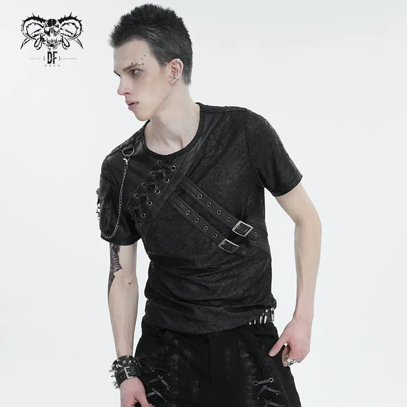 Men's Punk Buckle Splice Faux Leather T-shirt