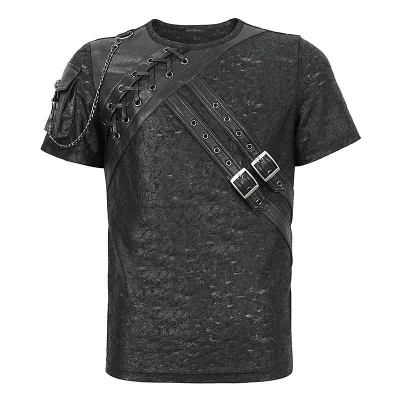 Men's Punk Buckle Splice Faux Leather T-shirt