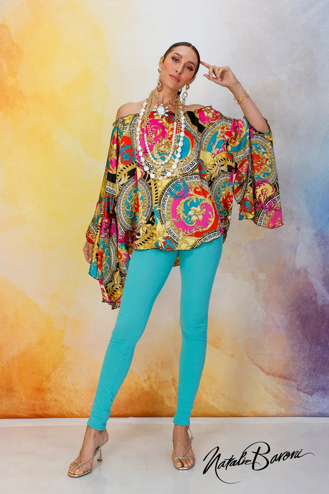 Multi Blue Poetsleeve Top - Venezia