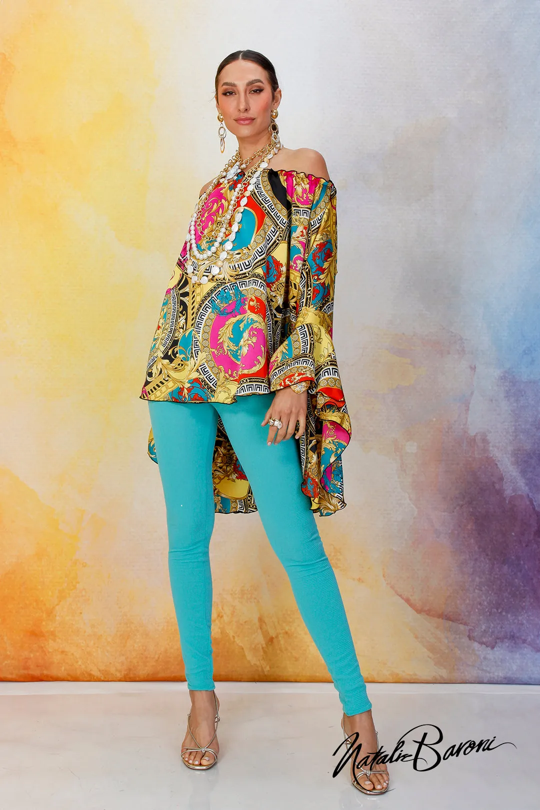 Multi Blue Poetsleeve Top - Venezia